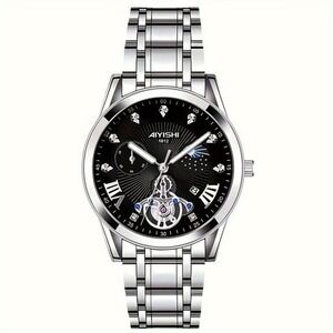 Dofia Xiaoya Aiyishi 1812 Men's Silver Stainless Steel Quartz Watch Black Dial